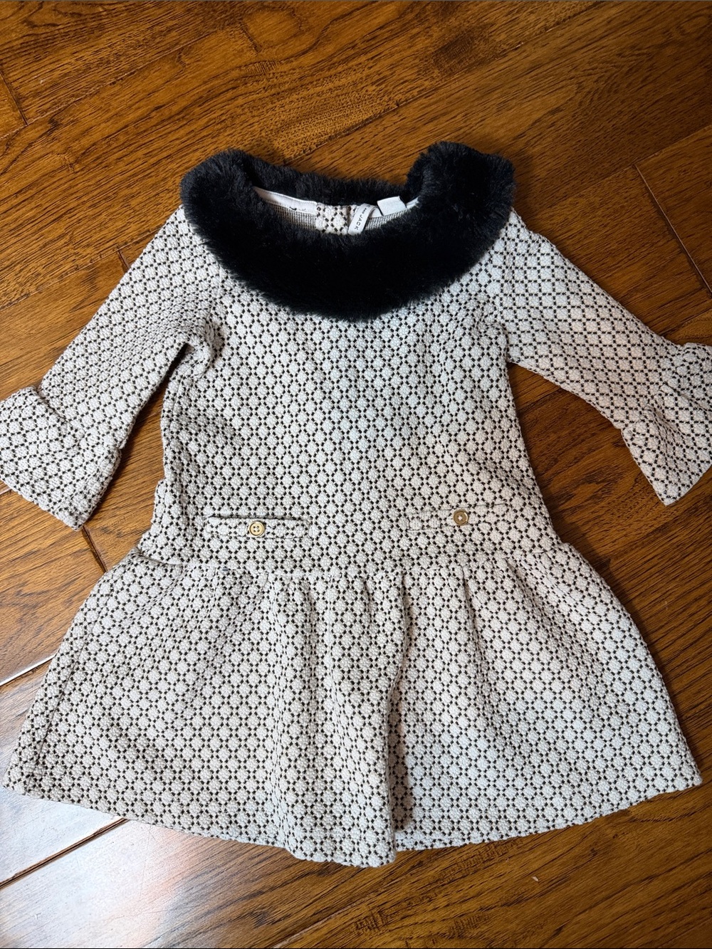 Janie and Jack Cream Lace Dress with Black Faux Fur Collar